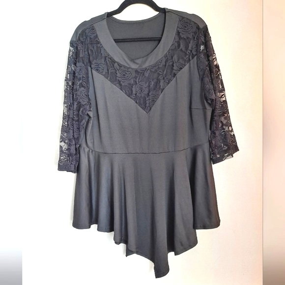 Black Plus Size Peplum Tunic With Lace V-Neck And Sleeves - Picture 2 of 12